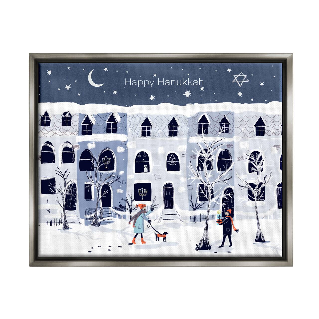 Stupell Industries Happy Hanukkah Winter City Scene Framed Floater Canvas Wall Art